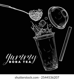 Hand drawn vector bubble tea illustration. White outline of milk tea with tapioca pearls on black background. Square visual for social media. Cafe and cocktails drawings. Boba tea for menu design.