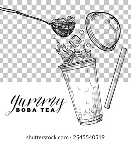 Hand drawn vector bubble tea illustration. Black outline of milk tea with tapioca pearls on transparent background.Square visual for social media.Cafe and cocktails drawings. Boba tea for menu design.