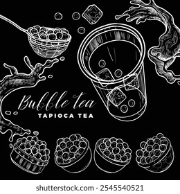 Hand drawn vector bubble tea illustration. White outline of milk tea with tapioca pearls on black background. Square visual for social media. Cafe and cocktails drawings. Boba tea for menu design.