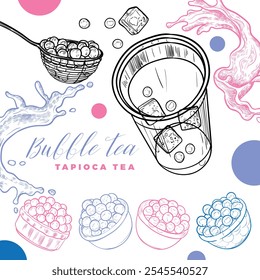 Hand drawn vector bubble tea illustration. Colored outline of milk tea with tapioca pearls on white background. Square visual for social media. Cafe and cocktails drawings. Boba tea for menu design.