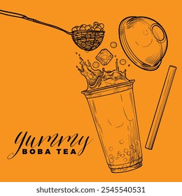 Hand drawn vector bubble tea illustration. Black outline of milk tea with tapioca pearls on orange background. Square visual for social media. Cafe and cocktails drawings. Boba tea for menu design.