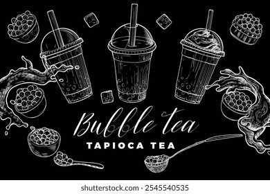 Hand drawn vector bubble tea illustration. White outline of milk tea with tapioca pearls on black background. Banner design for social media. Cafe and cocktails drawings. Boba tea for menu design.