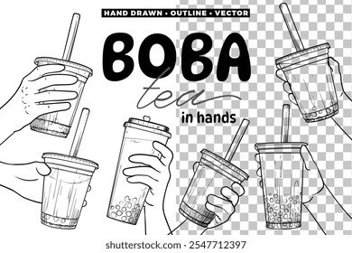 Hand drawn vector bubble tea graphic assets. Black outline of milk tea with tapioca pearls. Banner design for social media. Boba tea held in hands for menu design.