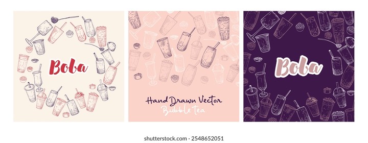 Hand drawn vector bubble tea illustrations. Outline of milk tea with tapioca pearls. Square visuals for social media. Cafe and cocktails drawings. Boba tea for menu design.