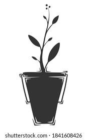 Vector de cubo dibujado a mano con planta de crecimiento, aislado sobre fondo blanco.