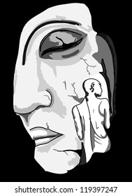 A hand drawn vector of a buddha in a moody, depressing environment
