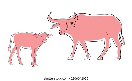  Hand drawn vector buffalo sketch illustration set. Isolated on white background.vector isolated buffalo with black and pink color design illustration