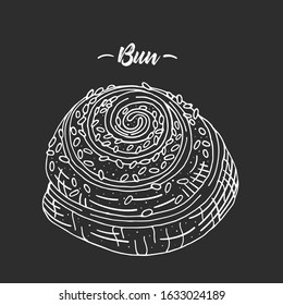 Hand drawn vector bun. White outline on a black background.