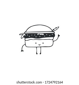Hand drawn vector burger icon, cute character. Fast food cafe delivery service logo element. For business identity and branding.