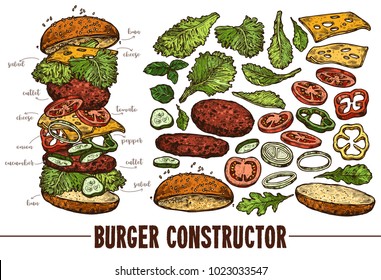 Hand drawn vector burger with ingredients. Sketch illustration of hamburger products components and elements. Constructor for fast food restaurant menu