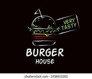 Logo de la hamburguesa vector dibujado a mano sobre fondo negro