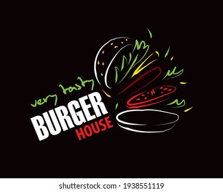 Hand drawn vector burger logo on black background