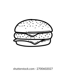Burger desenhado à mão com esboço de queijo, tomate, molho e carne. Esboço de doodle preto e branco para marca de restaurante, design de menu, embalagem e vintage ou retro ilustrações de alimentos.