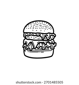 Burger desenhado à mão com esboço de queijo, tomate, molho e carne. Esboço de doodle preto e branco para marca de restaurante, design de menu, embalagem e vintage ou retro ilustrações de alimentos.
