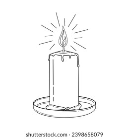 Hand drawn vector burning candle. Sketch of scented lit candle isolated on white background. Outline drawing in doodle style. Concept of Religion, Christianity, relax and spa. Vector illustration