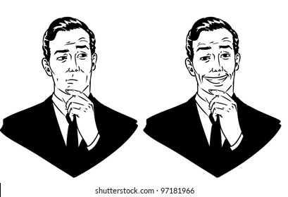 Hand drawn vector business man clip art with different facial expressions.