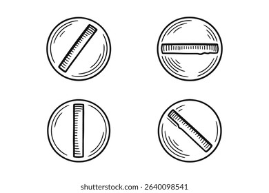 Hand Drawn Vector Button Set with Ruler Design and Detailed Line Art Style Illustration