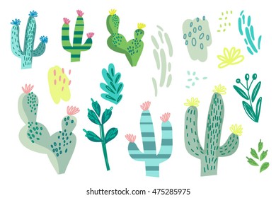 Hand drawn vector cacti set in cool graphic style