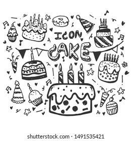 Hand Drawn Vector cake icon set isolated on white background. symbols