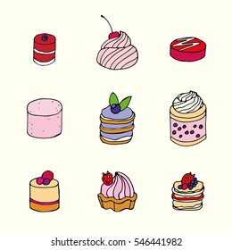 Hand drawn vector cakes set. Simple illustration, cafe desserts.