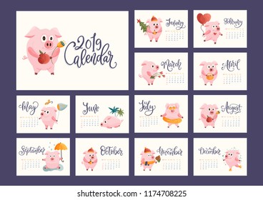 Hand drawn vector calendar for 2019. Cartoon creative calendar 2019 with cute flat pigs and lettering month names. Year of the pig.