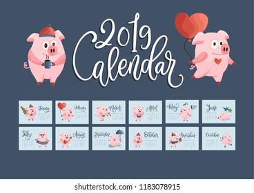 Hand drawn vector calendar for 2019. Cartoon creative calendar 2019 with cute flat pigs and lettering month names. Year of the pig.