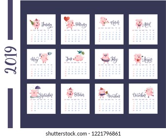 Hand drawn vector calendar for 2019. Cartoon creative calendar 2019 with cute flat pigs and lettering month names. Year of the pig.