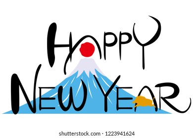 Hand drawn vector calligraphy. HAPPY NEW YEAR.Mt. Fuji is a Japanese symbol.
2019 Year of the wild boar in japan.