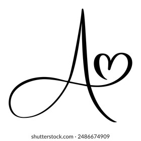 Hand drawn vector calligraphy love letter A. Script capital font logo. Handwritten brush style flourish. Vintage heart monogram. element Valentine flourish. sign for page decoration design