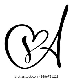 Hand drawn vector calligraphy love letter A. Script capital font logo. Handwritten brush style flourish. Vintage heart monogram. element Valentine flourish. sign for page decoration design