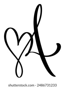 Hand drawn vector calligraphy love letter A. Script capital font logo. Handwritten brush style flourish. Vintage heart monogram. element Valentine flourish. sign for page decoration design