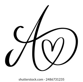 Hand drawn vector calligraphy love letter A. Script capital font logo. Handwritten brush style flourish. Vintage heart monogram. element Valentine flourish. sign for page decoration design