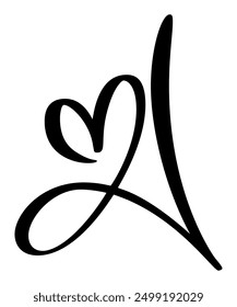 Letra de amor de caligrafía de Vector dibujada a mano. Logotipo de letra mayúscula de A. Script. El estilo de pincel escrito a mano florece. Monograma del corazón de Antiguas. elemento de San Valentín florecer. signo para el diseño de la decoración de la página