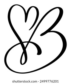 Letra de amor de caligrafía de Vector dibujada a mano B. Script logotipo de fuente mayúscula. El estilo de pincel escrito a mano florece. Monograma del corazón de Antiguas. elemento de San Valentín florecer. signo para el diseño de la decoración de la página