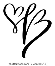 Letra de amor de caligrafía de Vector dibujada a mano B. Script logotipo de fuente mayúscula. El estilo de pincel escrito a mano florece. Monograma del corazón de Antiguas. elemento de San Valentín florecer. signo para el diseño de la decoración de la página