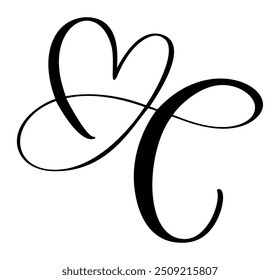 Hand drawn vector calligraphy love letter C. Vintage heart monogram. Script capital font logo. Handwritten brush style. element Valentine flourish. sign for page decoration design illustration, weddin
