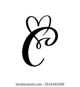 Dibujado a mano Vector caligrafía carta de amor C. Antiguas corazón monograma. Logotipo de fuente mayúscula de script. Estilo de pincel escrito a mano. elemento de San Valentín florecer. signo para la ilustración de diseño de decoración de página