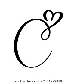 Hand drawn vector calligraphy love letter C. Vintage heart monogram. Script capital font logo. Handwritten brush style. element Valentine flourish. sign for page decoration design illustration