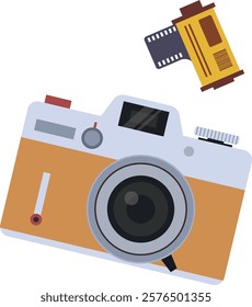 Hand drawn vector camera and film strip in flat style. Vintage and retro colours. World photography day concept	