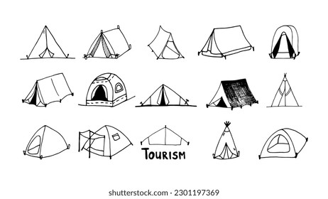 Hand drawn vector camp tent clipart set