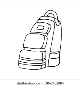 Hand drawn vector camping backpack clip art. Isolated on white background drawing for prints, poster, cute stationery, travel design. High quality illustrations