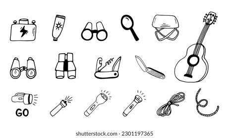 Hand drawn vector camping equipment clipart set