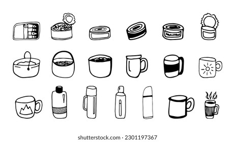 Hand drawn vector camping food and teapots clipart set