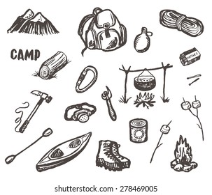 Hand Drawn Vector Camping And Hiking Sketch Set.