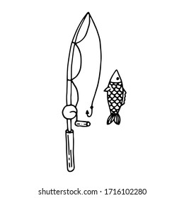 Hand drawn vector camping illustranion. Fishing rod. Suitable for postcards, for backgrounds, flyers, decorations, banners, icons. It can be used as a sample for the designer. Eps 8.