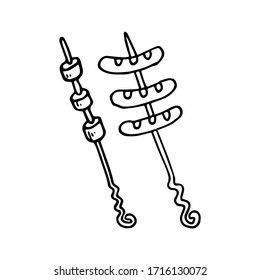 Hand drawn vector camping illustranion. Sausages and marshmallows. 