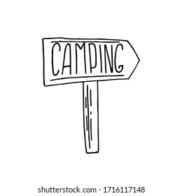Handgezeichnete Vektorillustration Campinggrafik.Straßenschild. Geeignet für Postkarten, für Hintergründe, Flyer, Dekorationen, Banner, Symbole. Es kann als Beispiel für den Designer verwendet werden. EPS 8.