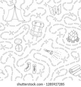 Hand drawn vector camping seamless pattern with backpack, bonfire, shoes, map, tent, sleeping bag, flashlight, compass and path to location outline. Travel theme background.