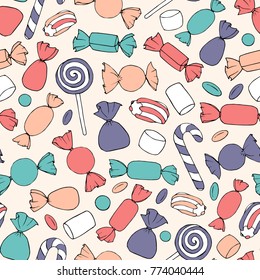 Hand drawn vector candies, canes and marshmallows seamless pattern on the beige background. Colorful holiday decoration.