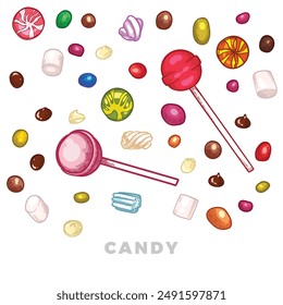 Hand drawn vector candies. Lollipops, gum, marshmallow with chocolate, vanilla, coffee, caramel and fruit flavors. Easy to edit and use vector food assets. 